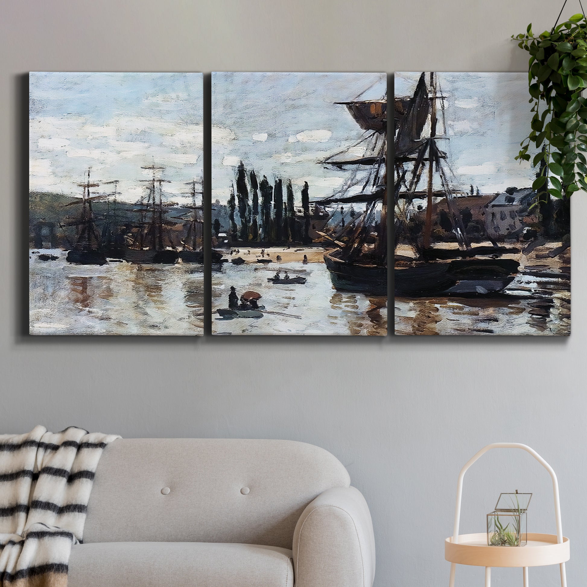 Three-panel canvas wall art featuring harbor scene with boats and quays, displayed in a modern living room above a sofa.