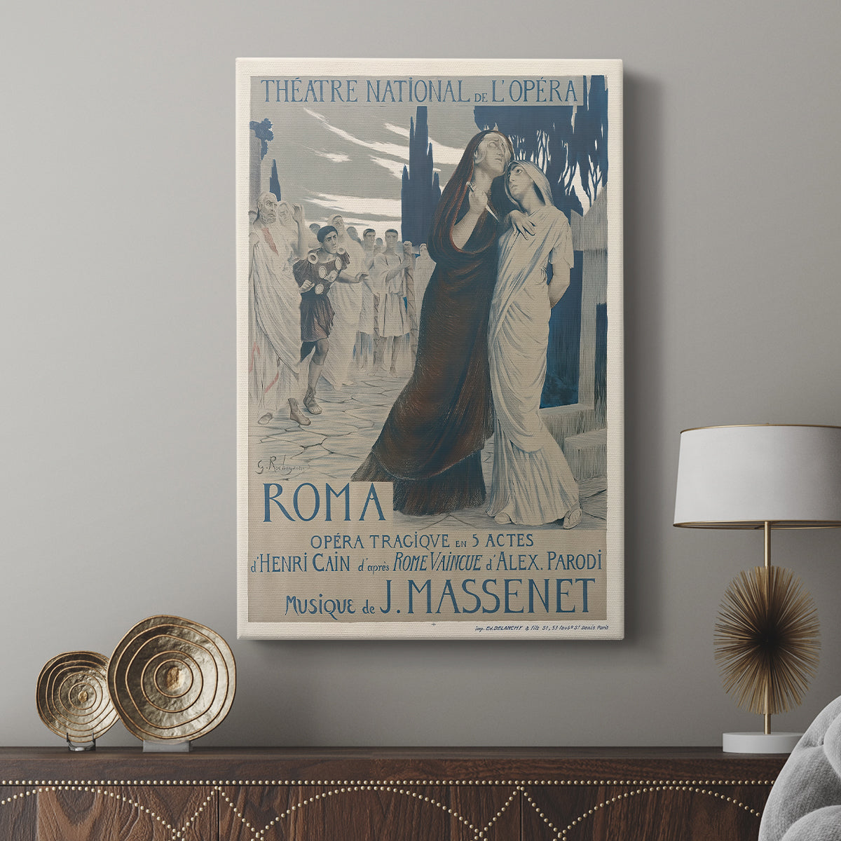 Canvas art print featuring a vintage poster with elegant figures and detailed setting displayed in a modern interior space.