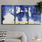 Three-panel canvas wall art featuring saturated abstract color fields, displayed in a modern living room above a sofa.