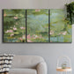 Three-panel canvas wall art featuring muted water lily pond, displayed in a modern living room above a sofa.