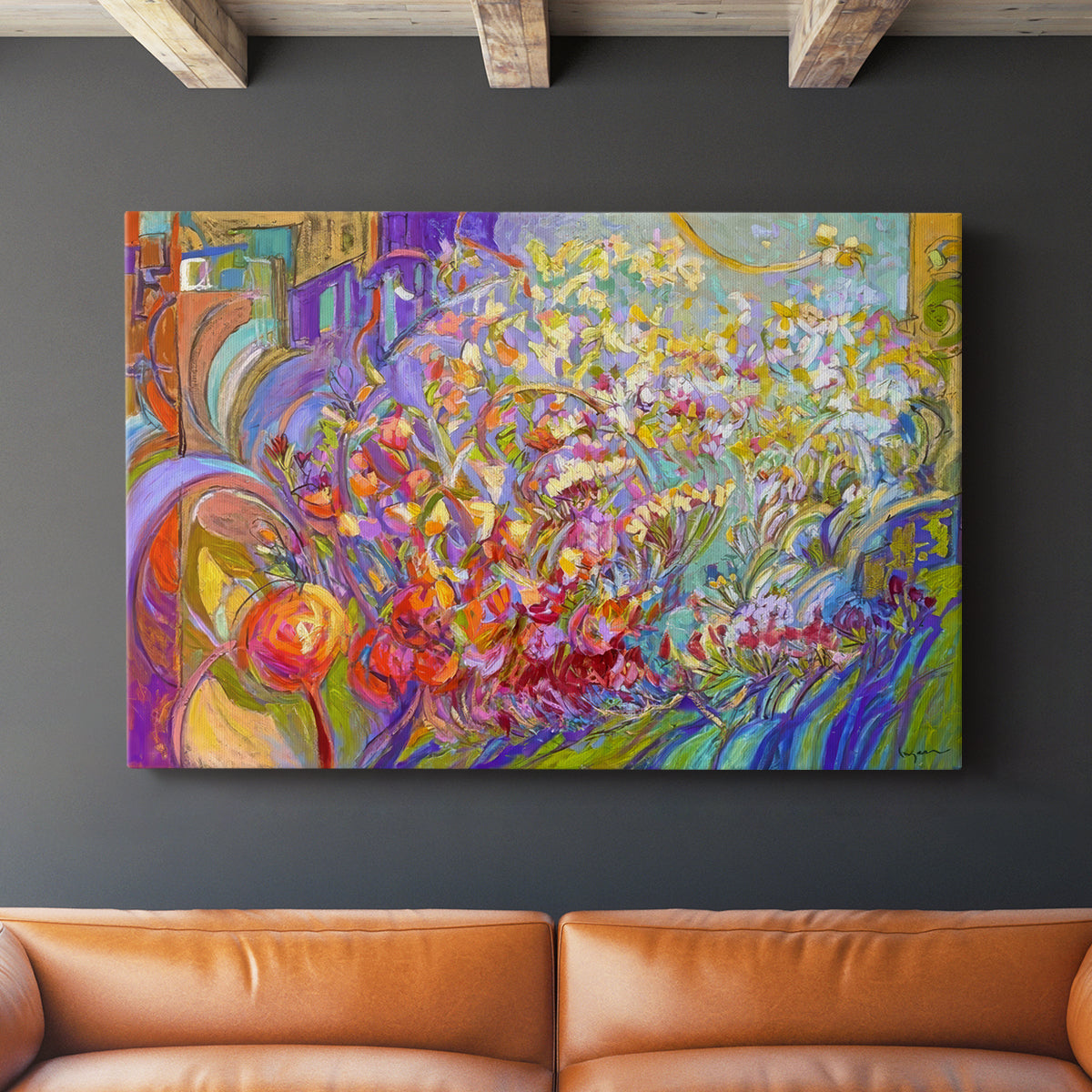 Vibrant floral composition showcasing bright colors and dynamic shapes in an abstract style