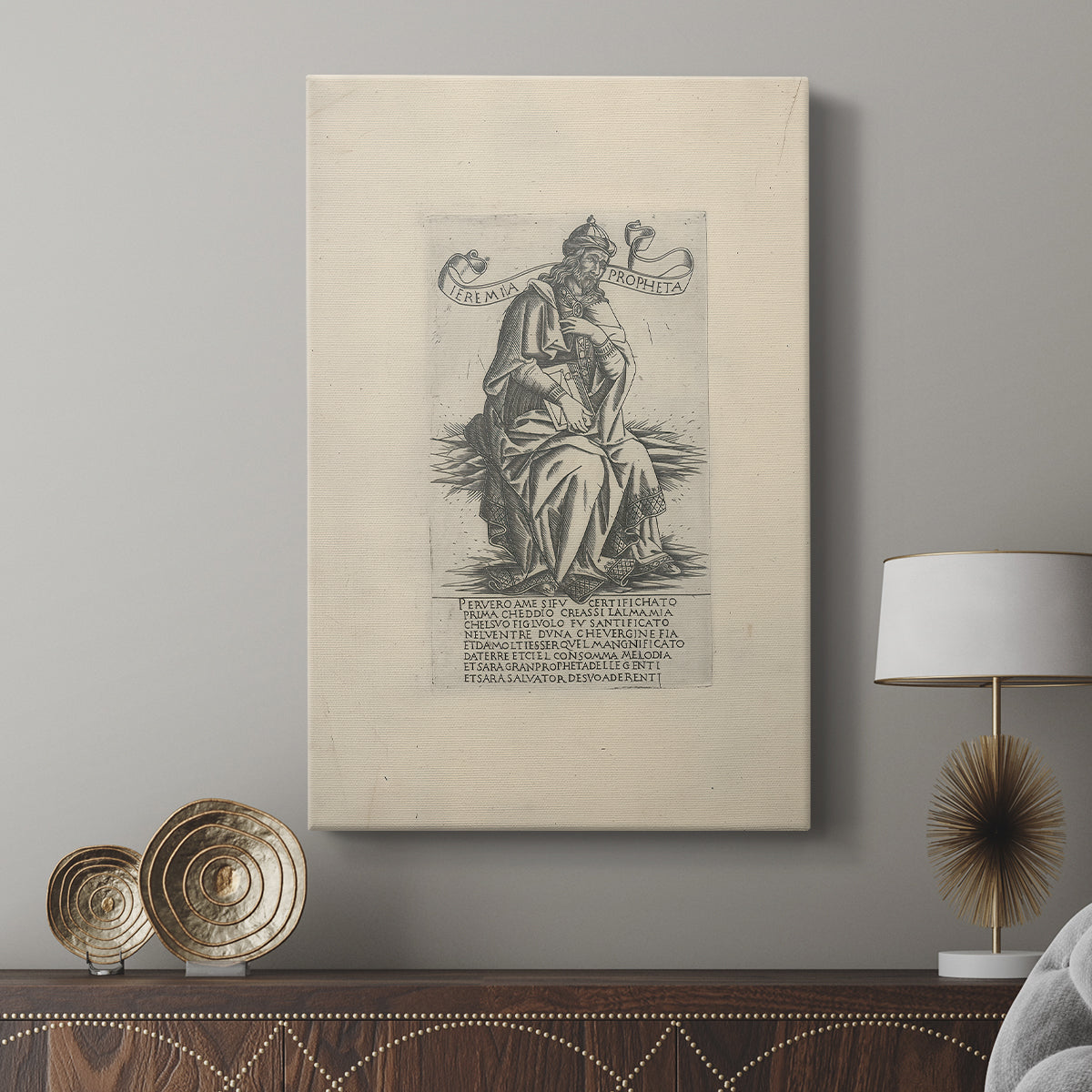 Canvas art print featuring a detailed illustration with minimal shading and strong outline displayed in a modern interior space.