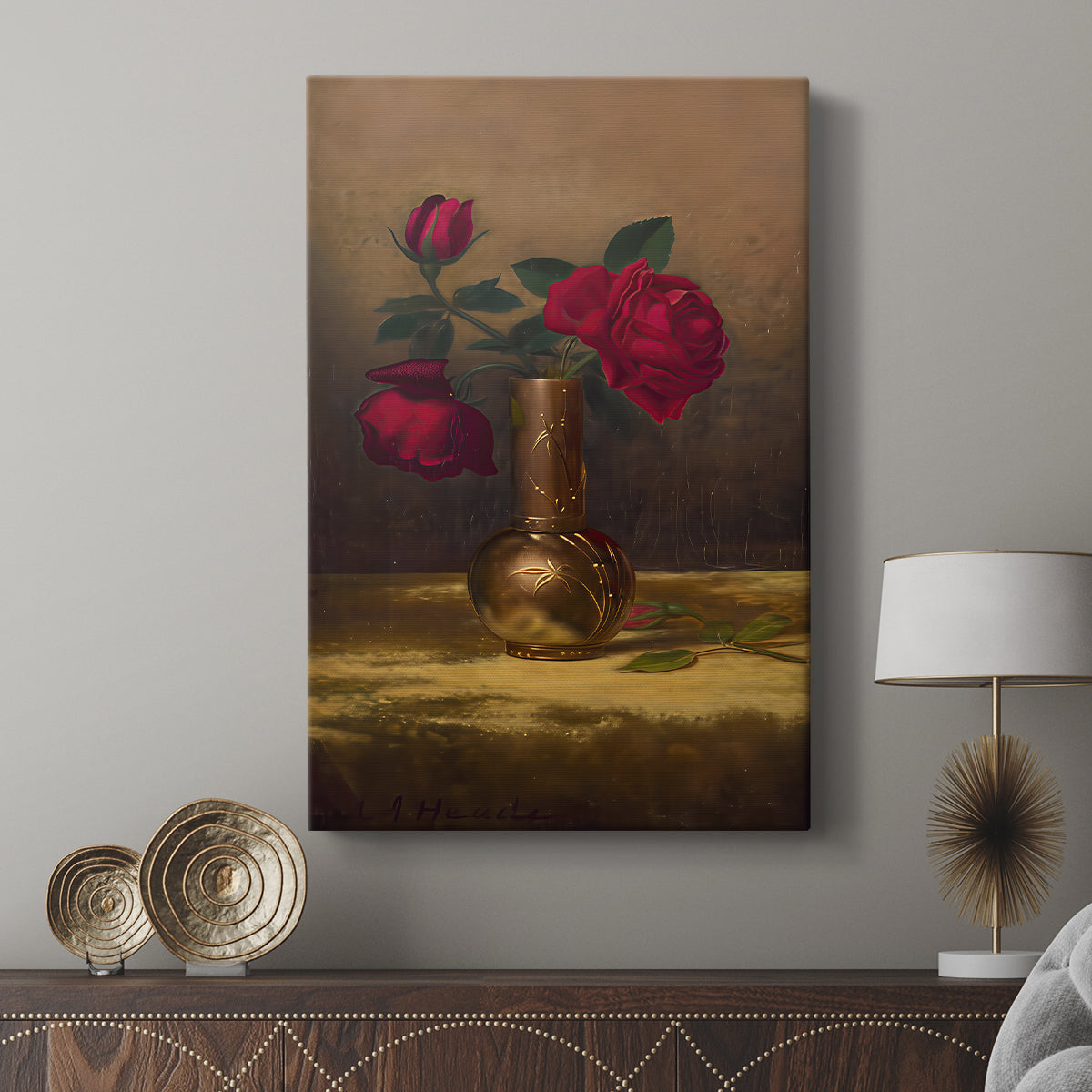 Canvas art print featuring a refined arrangement with deep tones and soft highlights displayed in a modern interior space.