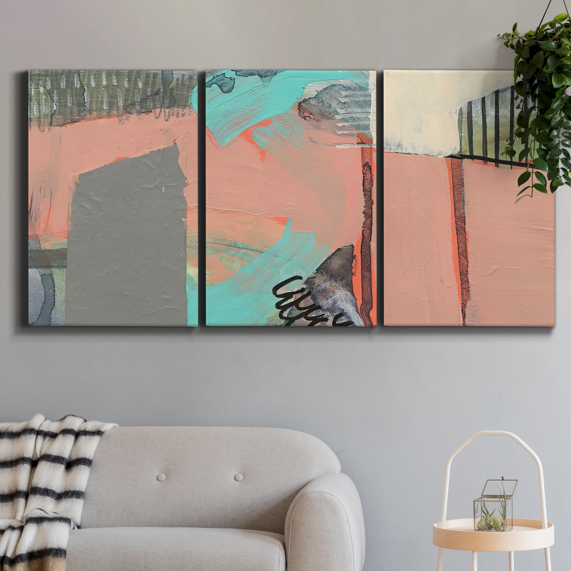 Three-panel canvas wall art featuring layered mid century abstract pathways, displayed in a modern living room above a sofa.