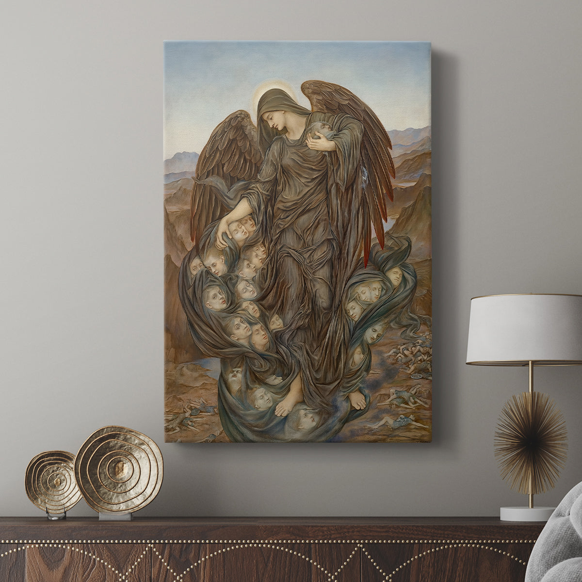 Canvas art print featuring a dark allegorical scene with muted tones and emotional weight displayed in a modern interior space.
