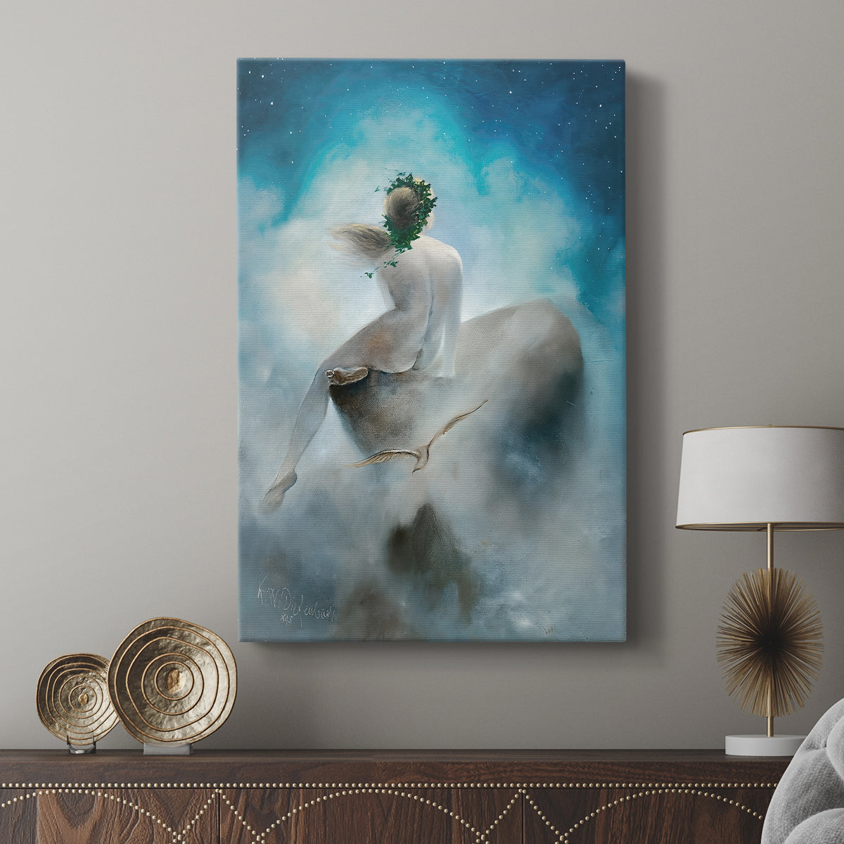 Canvas art print featuring a dreamlike scene with figure and celestial atmosphere displayed in a modern interior space.