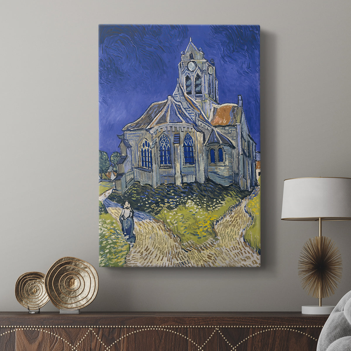 Canvas art print featuring a dynamic composition with architecture and movement displayed in a modern interior space.