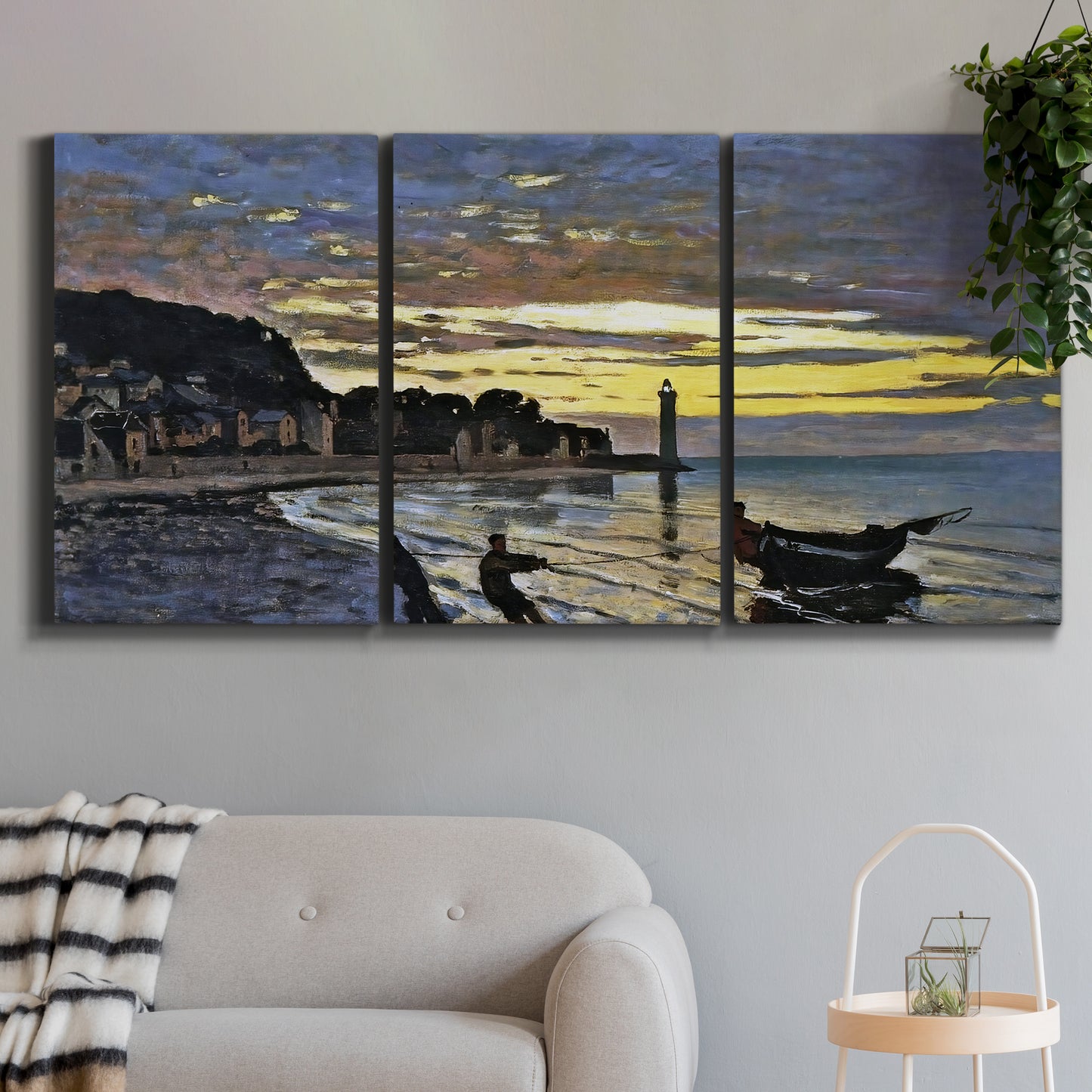 Three-panel canvas wall art featuring river at dusk with fading light, displayed in a modern living room above a sofa.