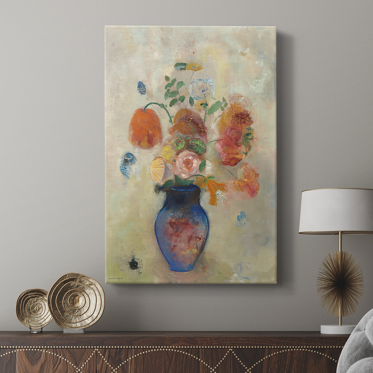 Canvas art print featuring a decorative composition with gentle shading and texture displayed in a modern interior space.