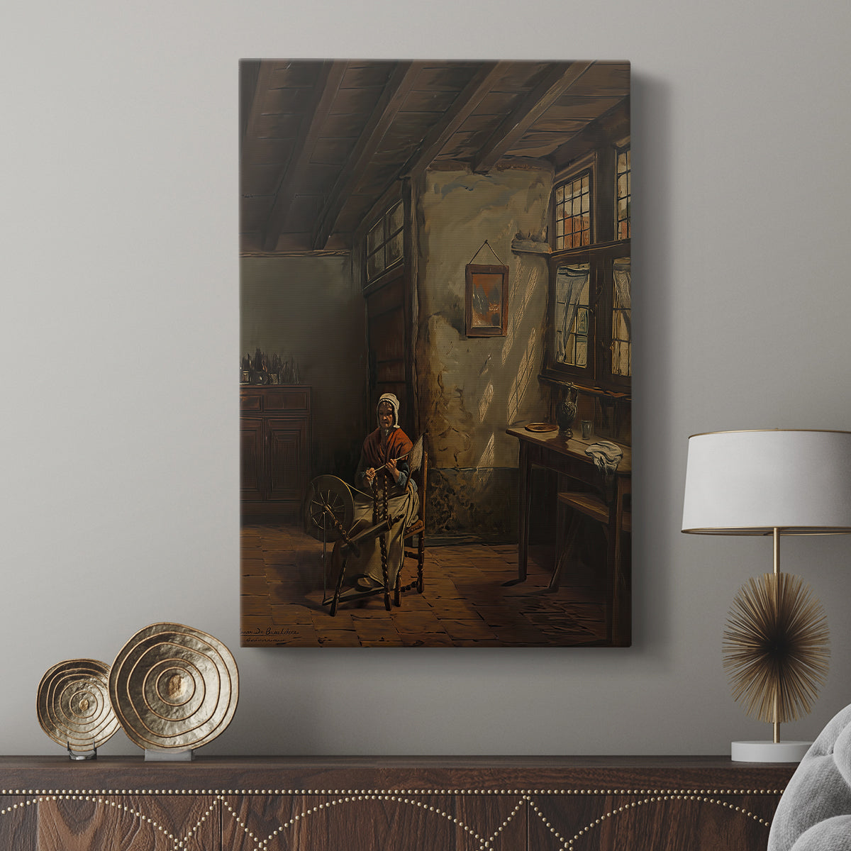 Canvas art print featuring a calm composition with subtle movement and warm tones displayed in a modern interior space.