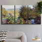 Three-panel canvas wall art featuring garden corner with flowering trees, displayed in a modern living room above a sofa.