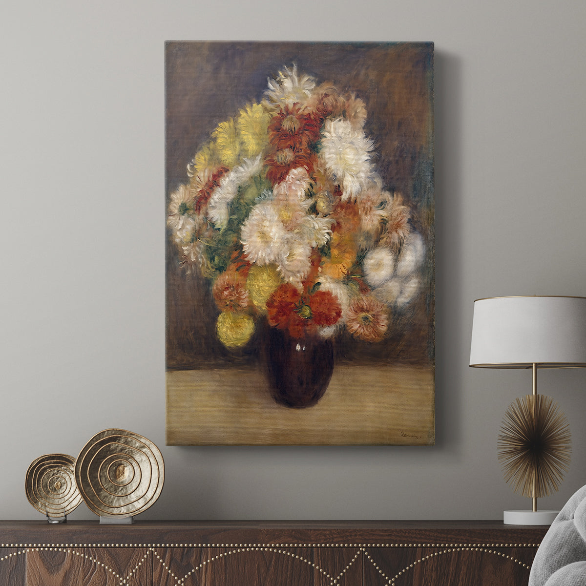 Canvas art print featuring a bouquet with rich tones and painterly detail displayed in a modern interior space.