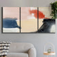 Three-panel canvas wall art featuring playful abstract watercolor shapes, displayed in a modern living room above a sofa.