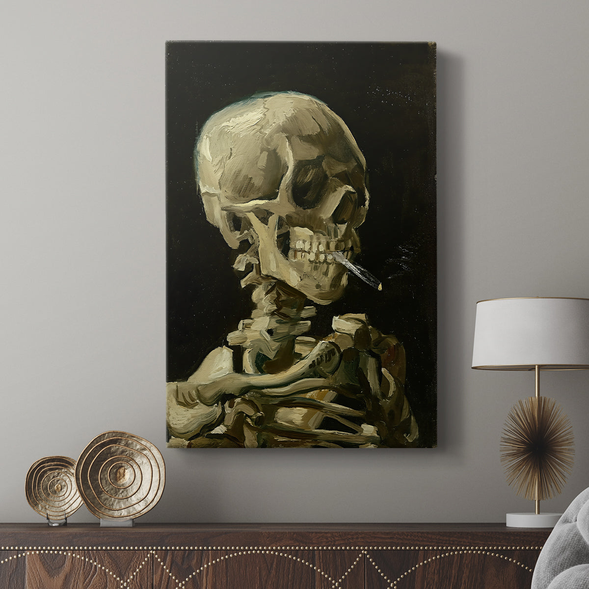 Canvas art print featuring a stylized image with strong contrast and rough brushwork displayed in a modern interior space.