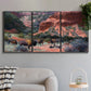 Three-panel canvas wall art featuring rugged canyon landscape with wildlife, displayed in a modern living room above a sofa.