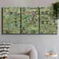 Three-panel canvas wall art featuring geometric fractal abstract slot pattern, displayed in a modern living room above a sofa.