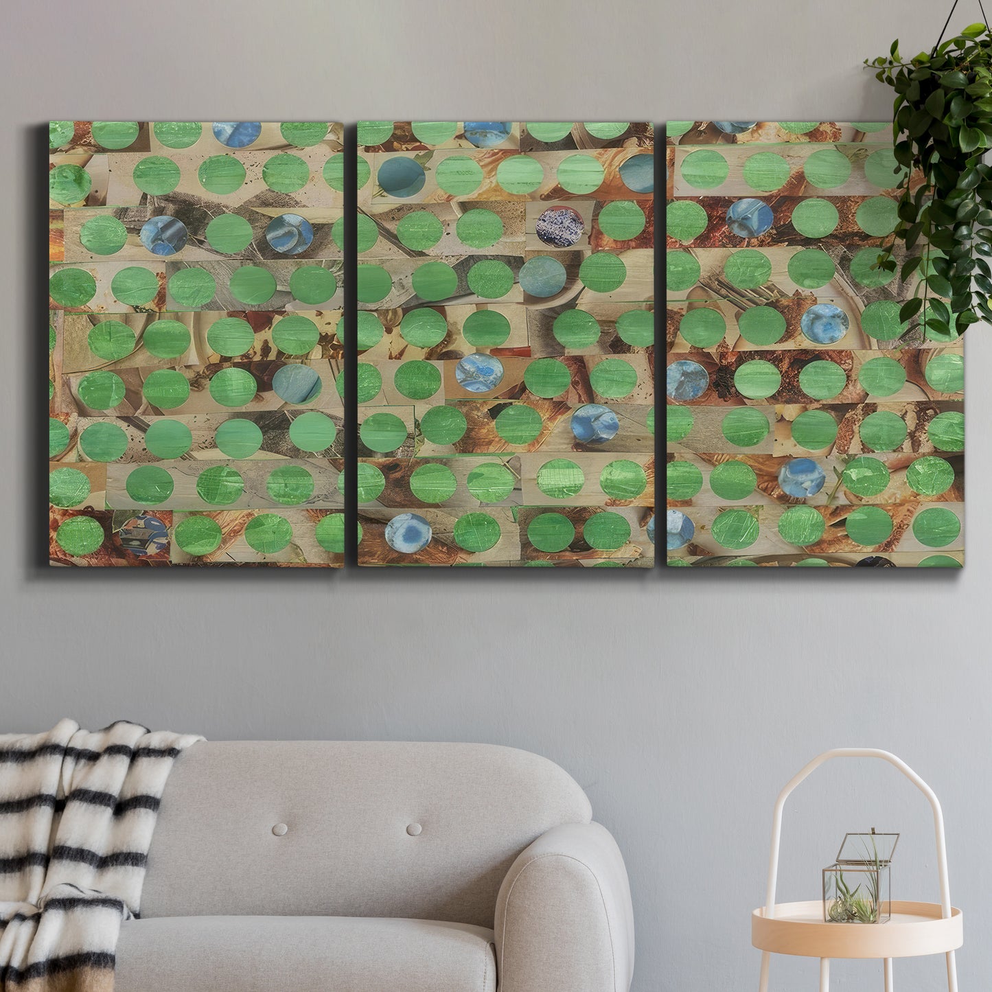 Three-panel canvas wall art featuring geometric fractal abstract slot pattern, displayed in a modern living room above a sofa.