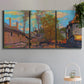Three-panel canvas wall art featuring wooded stream landscape, displayed in a modern living room above a sofa.
