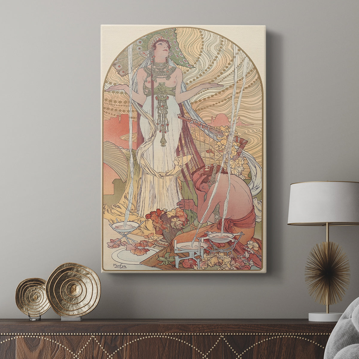Canvas art print featuring a stylized portrait with mystical elements and soft tones displayed in a modern interior space.