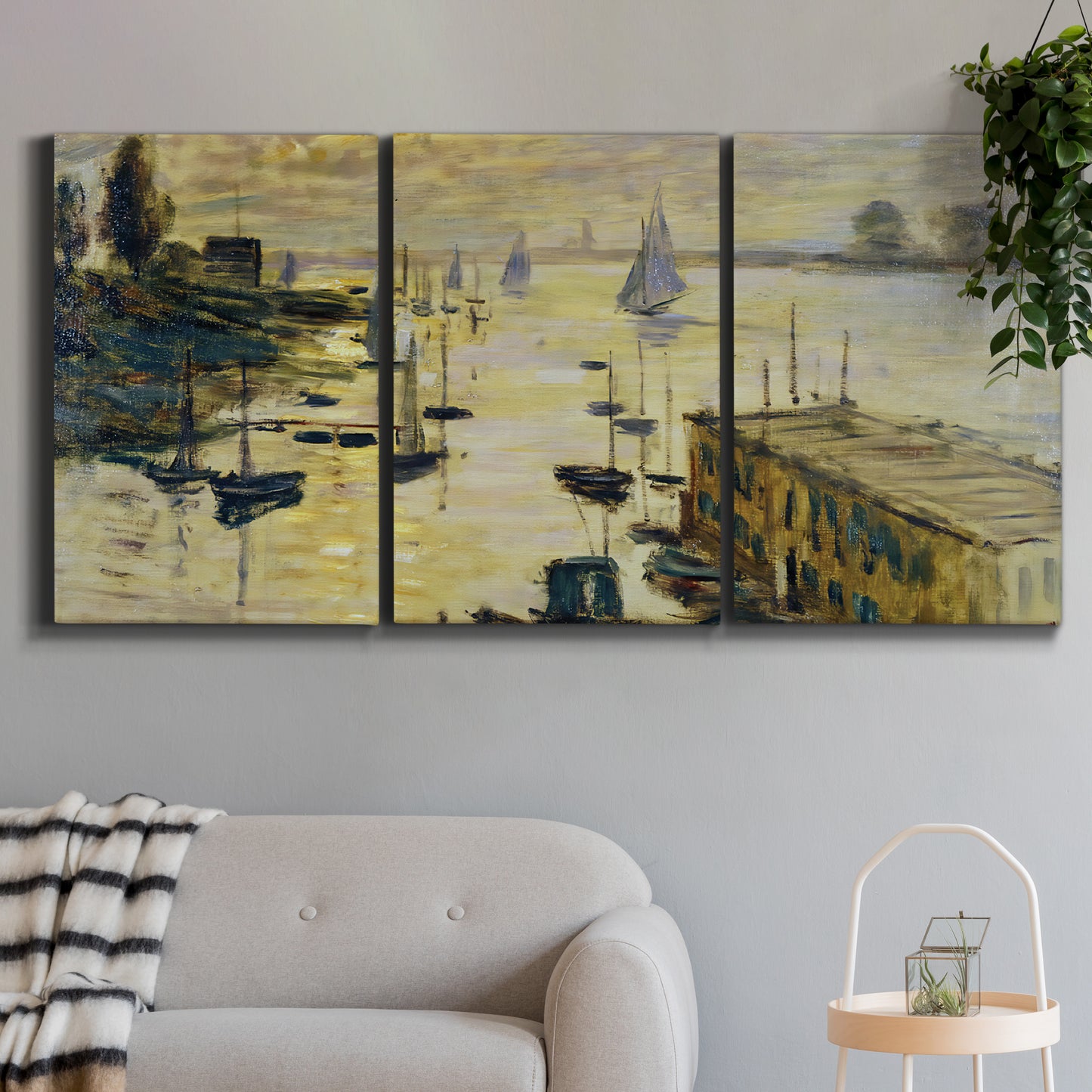 Three-panel canvas wall art featuring working harbor with boats, displayed in a modern living room above a sofa.