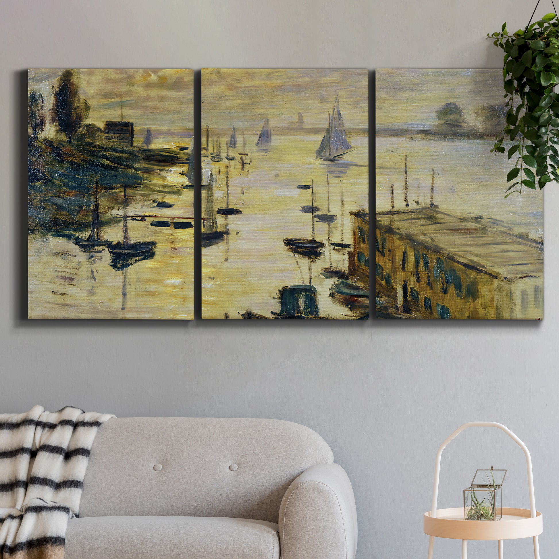 Three-panel canvas wall art featuring working harbor with boats, displayed in a modern living room above a sofa.