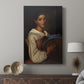 Canvas art print featuring a composed portrait with subtle shading and calm expression displayed in a modern interior space.