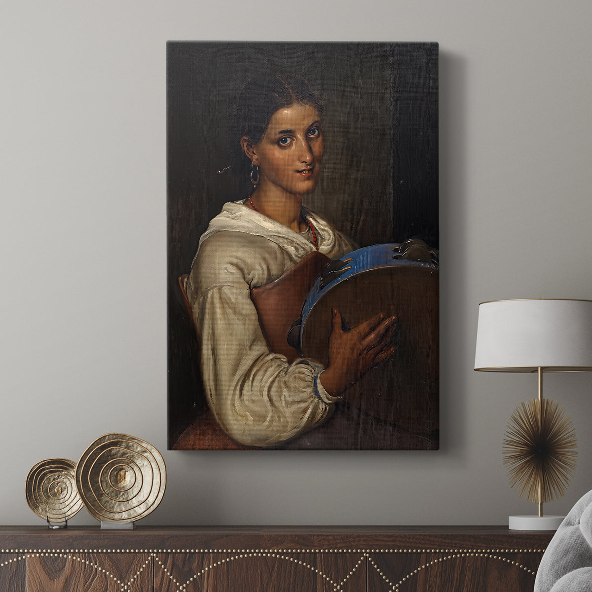 Canvas art print featuring a composed portrait with subtle shading and calm expression displayed in a modern interior space.