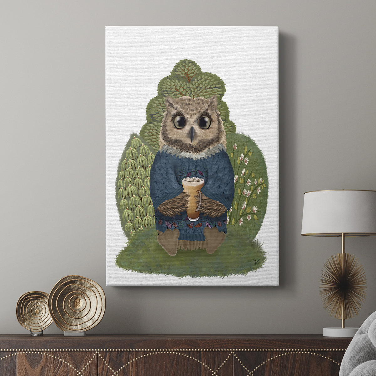 Latte Owl in Sweater - Canvas Art Print