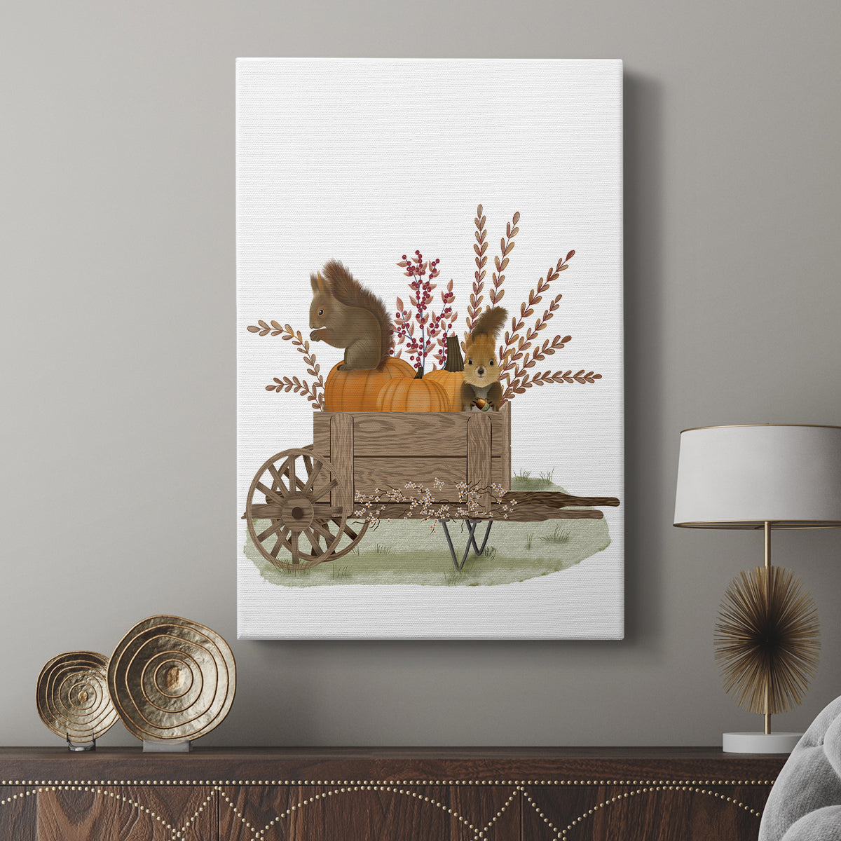 Squirrels In Pumpkin Wheelbarrow - Canvas Art Print