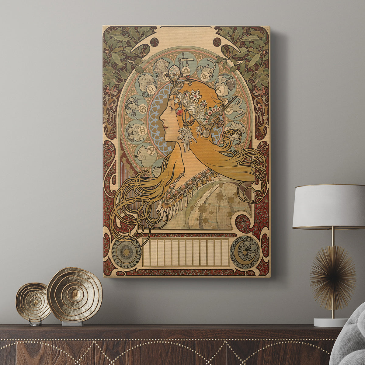 Canvas art print featuring a decorative portrait with intricate patterns and symbolic design displayed in a modern interior space.