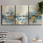 Three-panel canvas wall art featuring abstract soft morning light, displayed in a modern living room above a sofa.