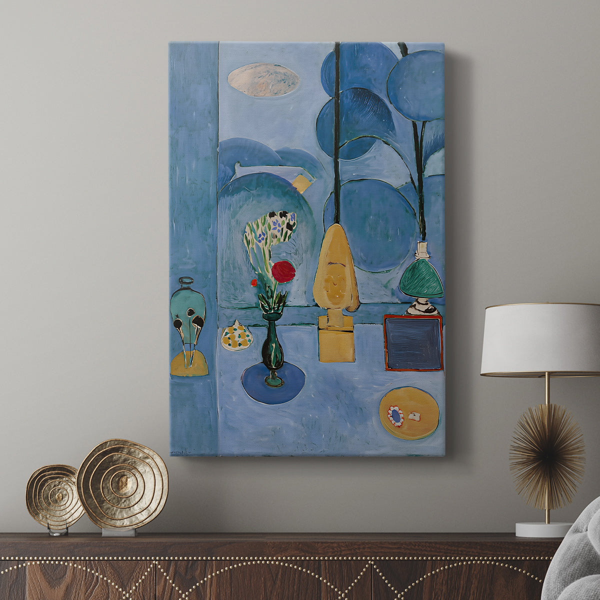 Canvas art print featuring a decorative still life with strong color contrast and pattern displayed in a modern interior space.