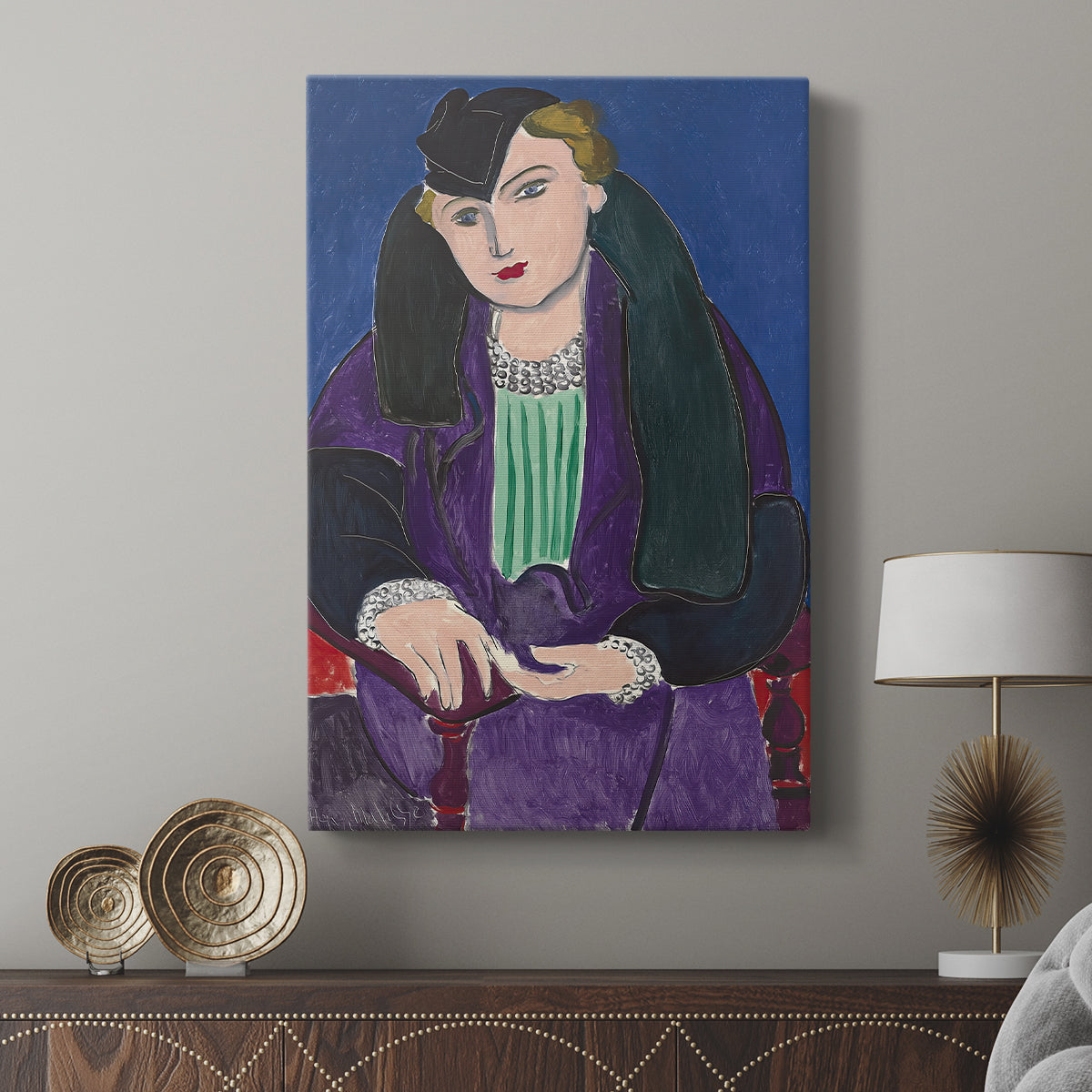 Canvas art print featuring a modern portrait with flat color and clean outlines displayed in a modern interior space.