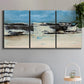 Three-panel canvas wall art featuring abstract bridge landscape in cyan, displayed in a modern living room above a sofa.