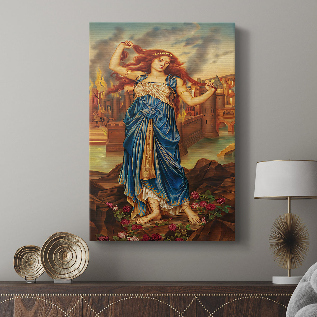 Canvas art print featuring a classical-inspired portrait with strong gesture and color displayed in a modern interior space.