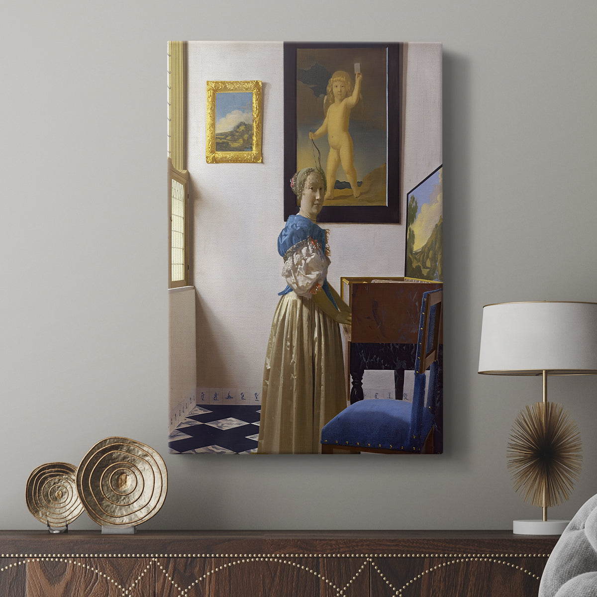 Canvas art print featuring a quiet room with figure and instrument in gentle illumination displayed in a modern interior space.