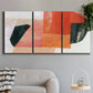 Three-panel canvas wall art featuring bold pink mid century abstract portal, displayed in a modern living room above a sofa.