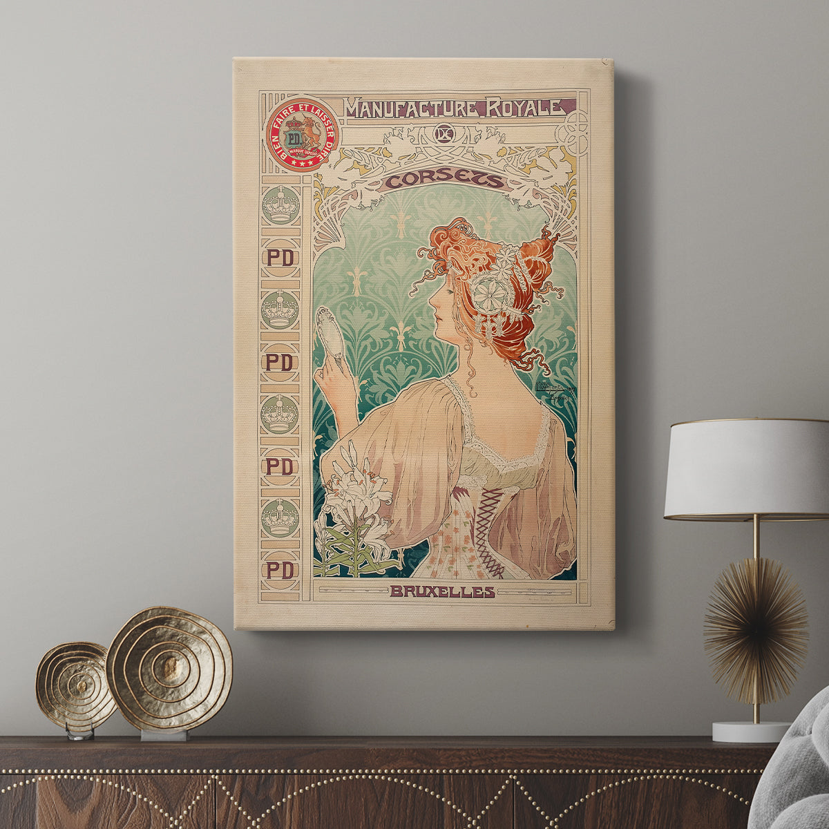 Canvas art print featuring a decorative poster with elegant female figure and flowing lines displayed in a modern interior space.