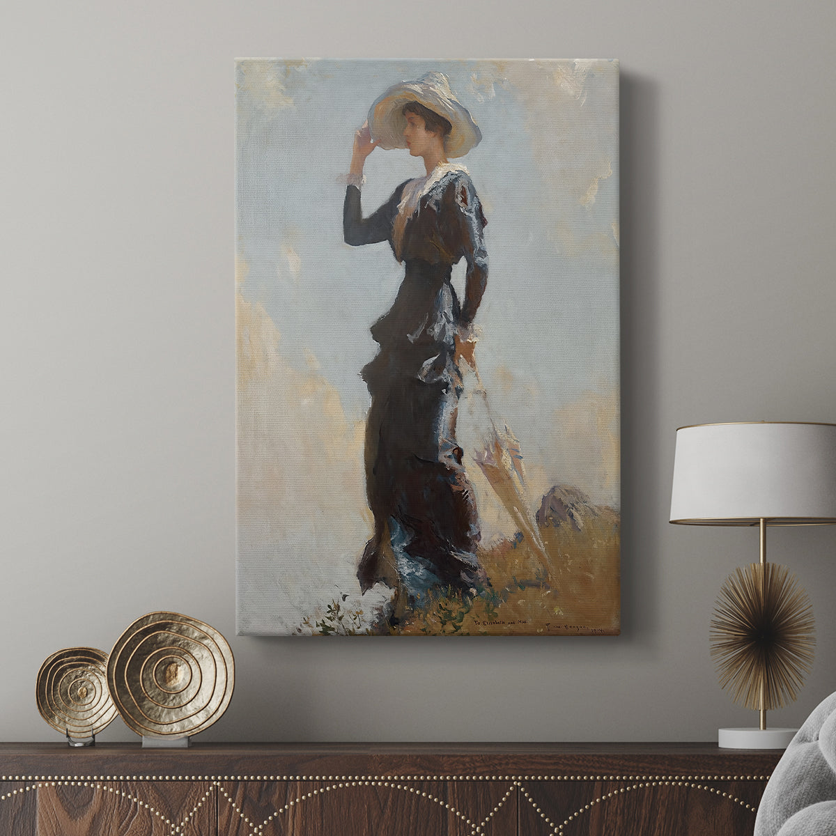 Canvas art print featuring a calm outdoor scene with gentle tones and open space displayed in a modern interior space.