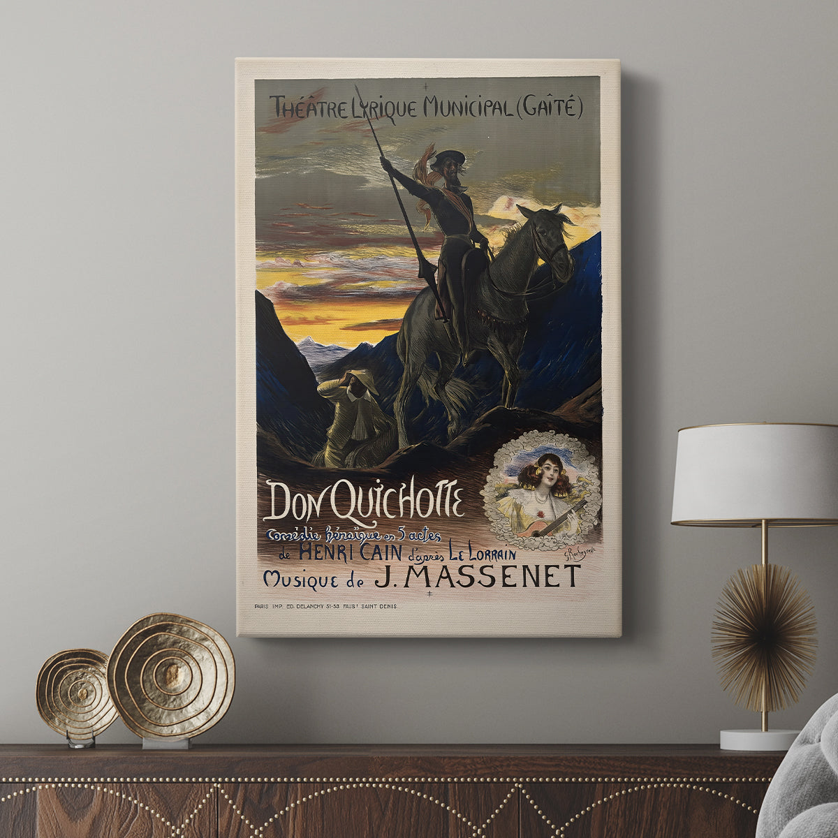 Canvas art print featuring a vintage design with strong outlines and muted tones displayed in a modern interior space.