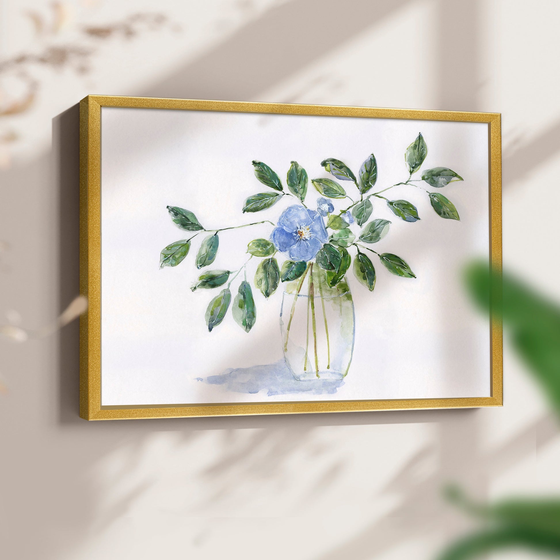 45308,watercolor,painting,flower,blue flower,green leaves,glass vase,nature art,interior decor,botanical art,floral,contemporary art,still life,home decor,tranquil,wall art,visual art,creative,handmade,craft,aesthetic,design,artist,beauty,calming,elegant,traditional,exhibition,soft colors,natural elements,craftsmanship,decor,floral arrangement,artwork,leaf,simplicity,Re-stickable,Plants & Flowers