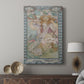 Canvas art print featuring a stylized depiction of Joan of Arc with soft colors and intricate patterns displayed in a modern interior space.