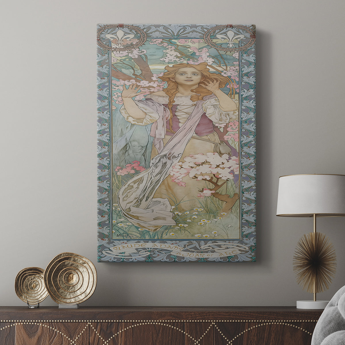 Canvas art print featuring a stylized depiction of Joan of Arc with soft colors and intricate patterns displayed in a modern interior space.