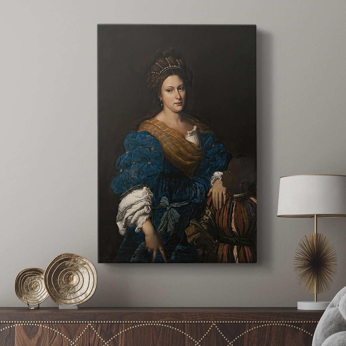 Canvas art print featuring a classical composition with interaction and detail displayed in a modern interior space.