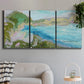 Three-panel canvas wall art featuring open landscape with landing strip, displayed in a modern living room above a sofa.