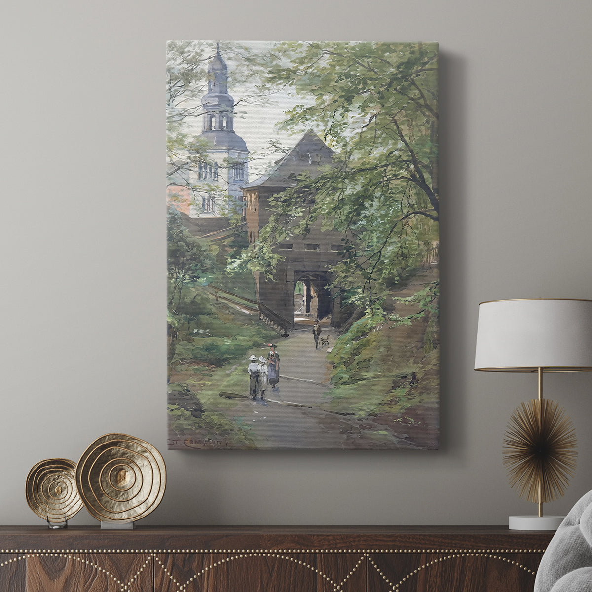 Canvas art print featuring a calm street view with classic European architecture displayed in a modern interior space.