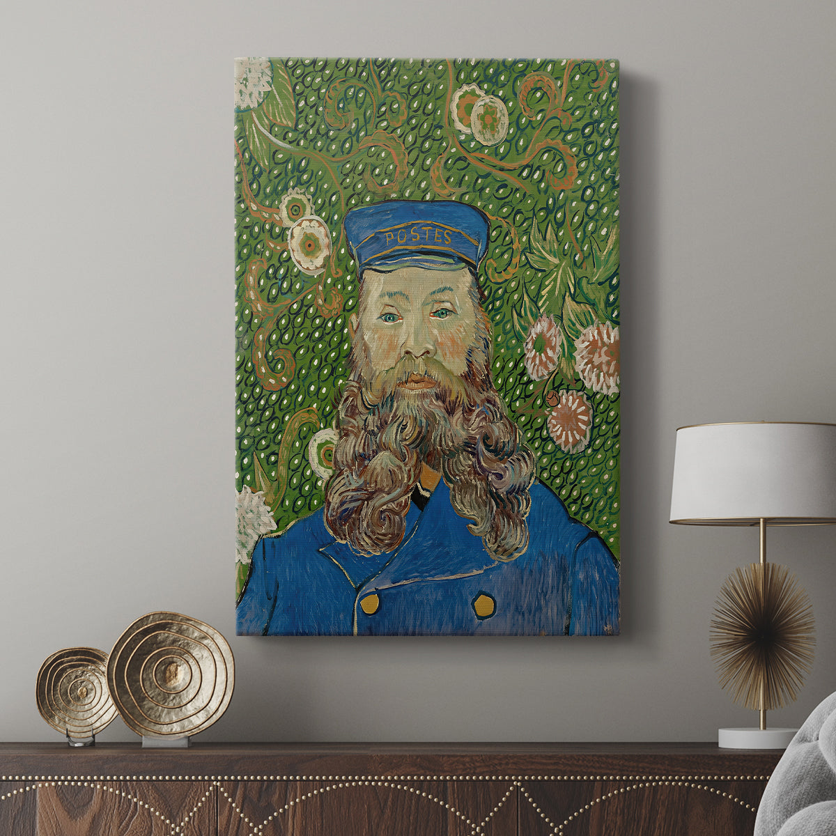 Canvas art print featuring a stylized portrait with intense color and simple background displayed in a modern interior space.