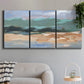 Three-panel canvas wall art featuring abstract landscape composition study, displayed in a modern living room above a sofa.