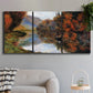Three-panel canvas wall art featuring rowboat on quiet river bend, displayed in a modern living room above a sofa.