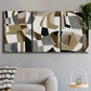 Three-panel canvas wall art featuring overlapping mid century geometric shapes, displayed in a modern living room above a sofa.